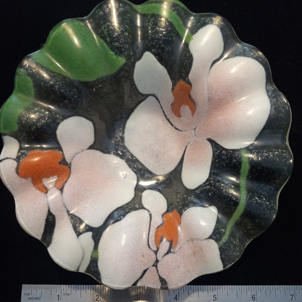 Sydenstricker Studio Art Glass Dish Elephant Ear Orchids